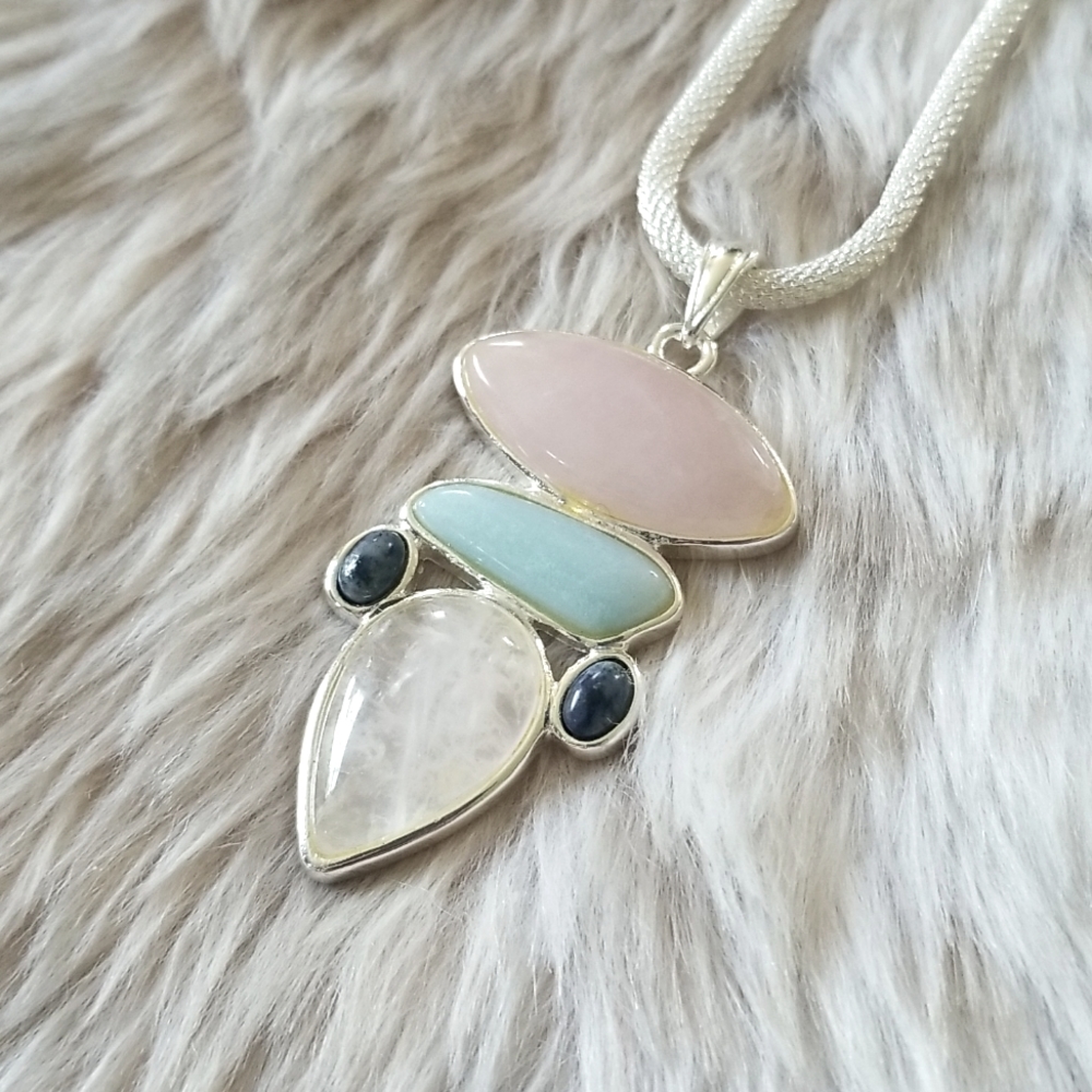 💐Rose quartz, Amazonite & Clear quartz necklace - 16" chain - 925 silver